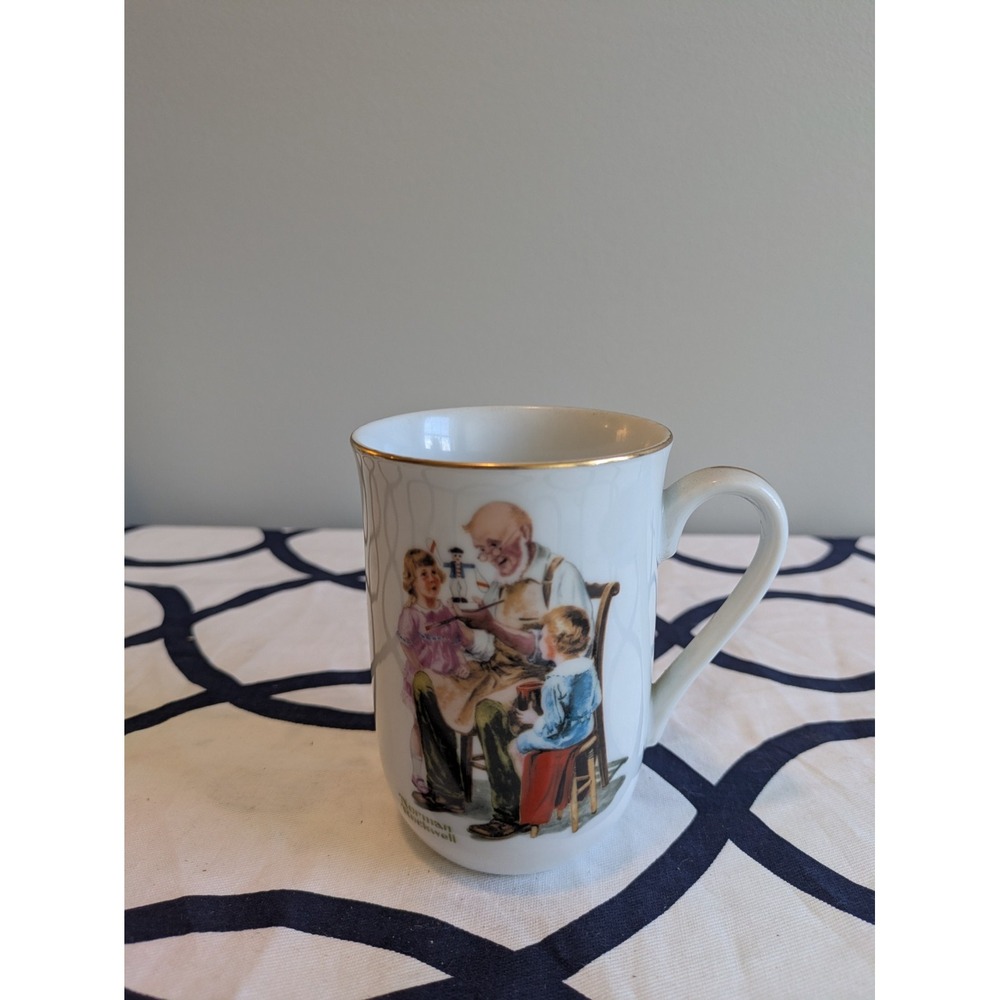 Norman Rockwell The Toymaker Coffee Mug 1982 Vintage Ceramic Japan Gold Trim